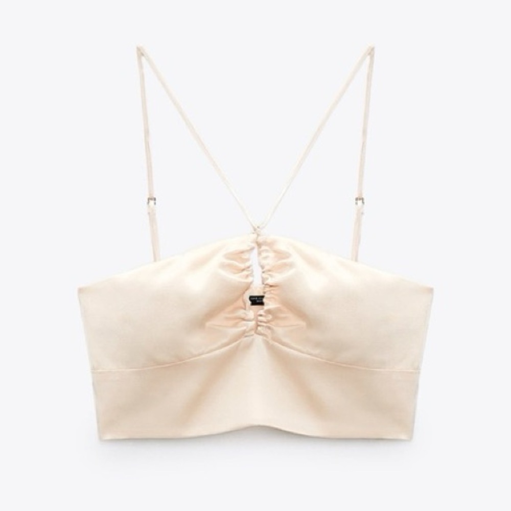 Zara Champagne Satin Effect Cut Out Halter Crop Top